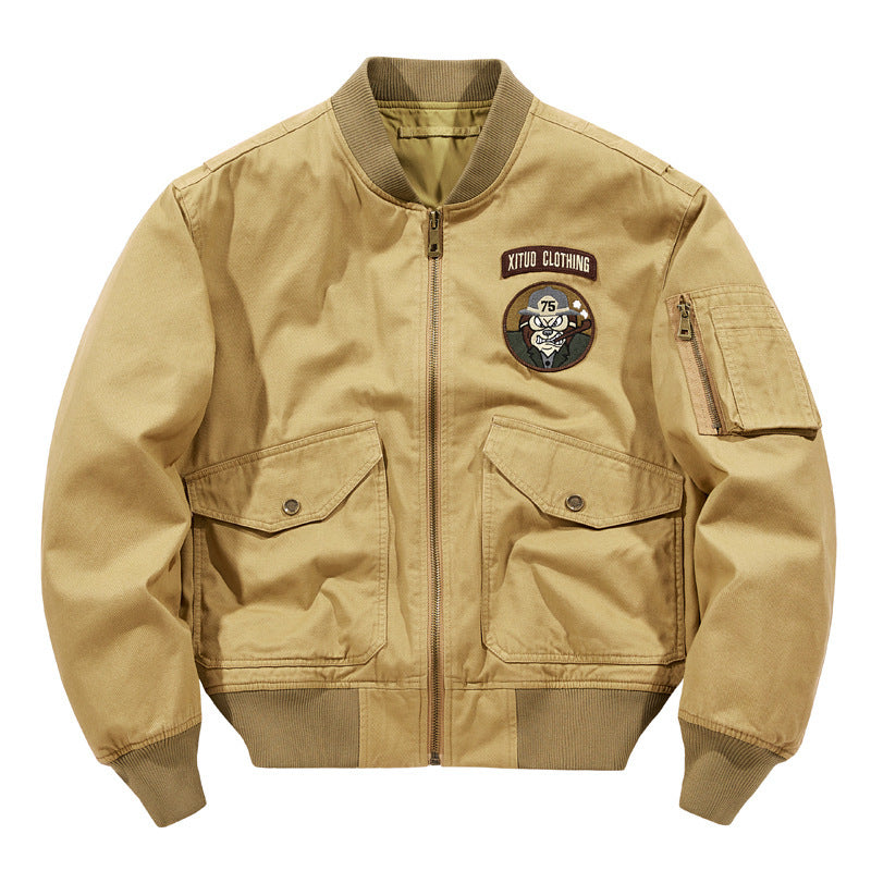Men's Short-Cut Pilot Bomber with Utility Pockets and Embroidered Patches Chichicherry