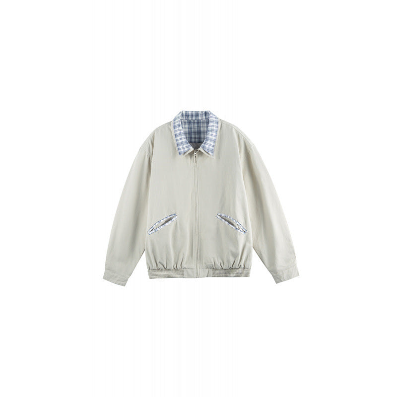 Unisex Lightweight Zip-Over Jacket in Boxy Cut with Check Collar and Elastic Hem Chichicherry