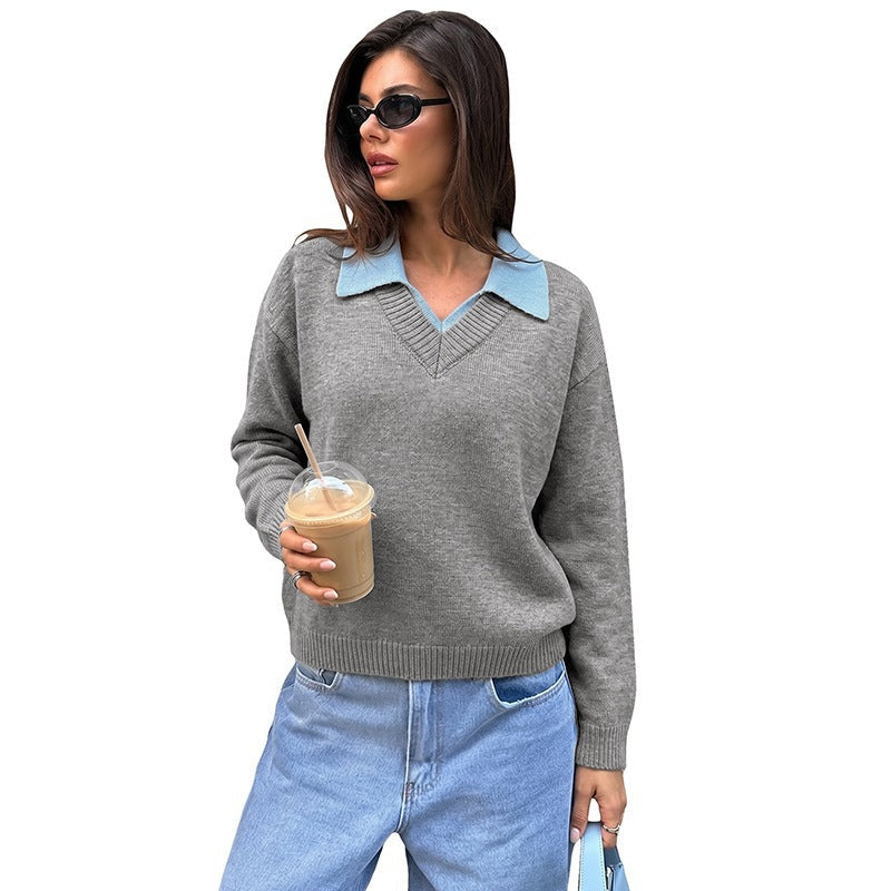 Women's fine knit polo sweater with contrasting shirt collar and V-neck Chichicherry