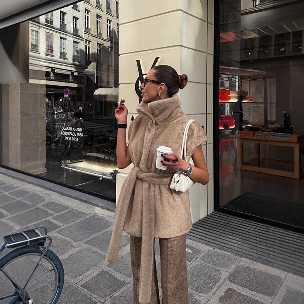 Women's Sleeveless Faux Fur Vest with High Stand-Up Collar and Tailored Tie Belt Chichicherry