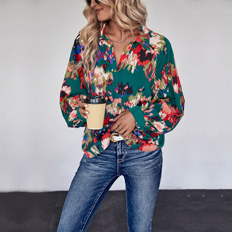 Women’s Loose Blouse Shirt with Shirt Collar, Abstract Print and Balloon Sleeves Chichicherry