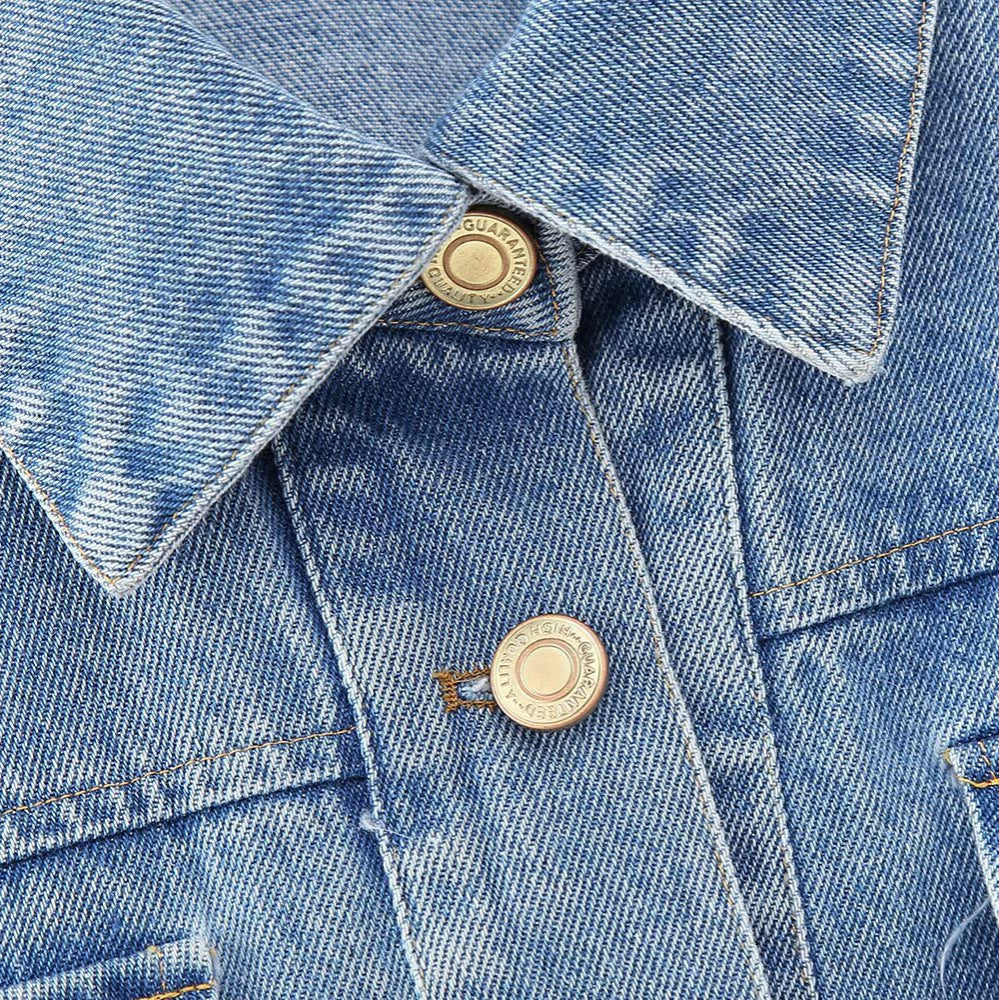 Women's Short Denim Jacket with Metallic Finish and Patch Chest Pockets Chichicherry