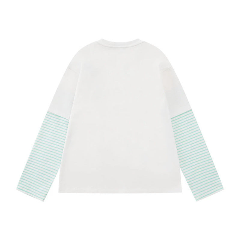 Women's Layered Long Sleeve Shirt in Layer Look with Striped Insert Sleeves and Playful Graphic Doodle Print Chichicherry
