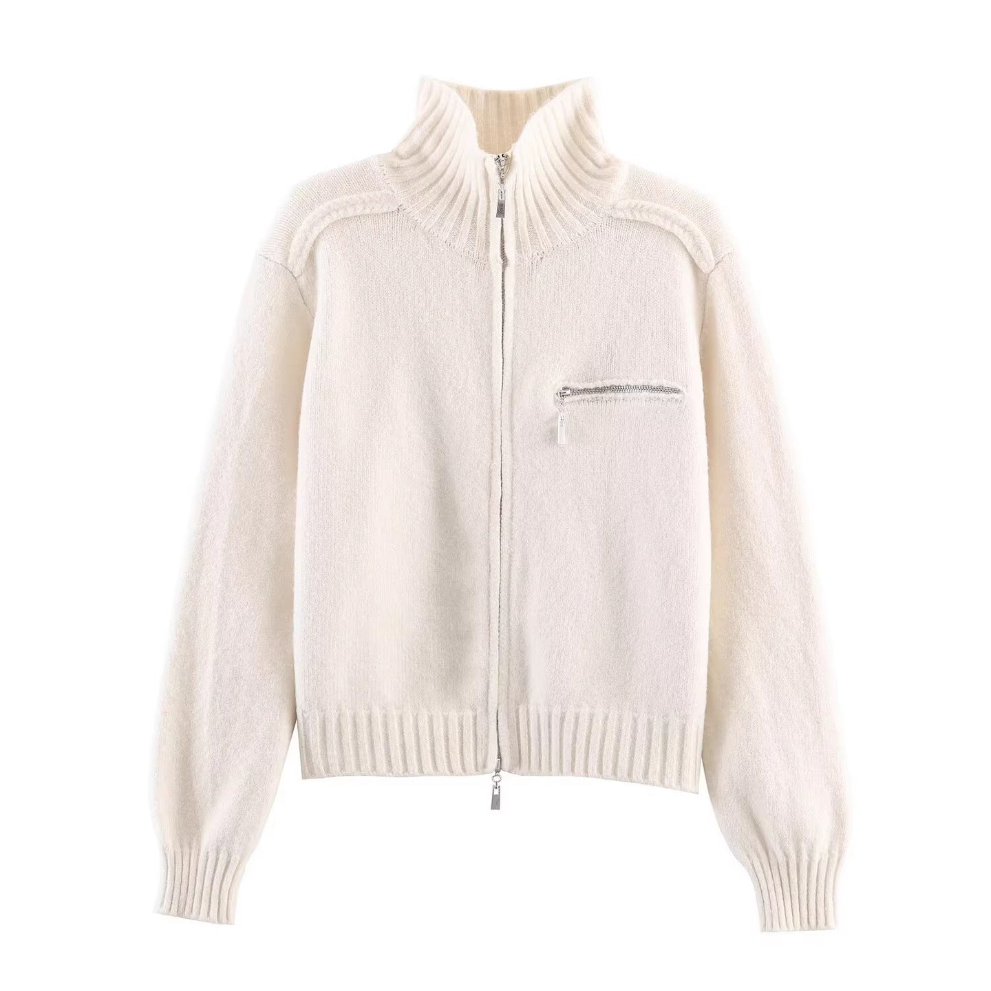 Women's Chunky Knit Zip-Up Cardigan with High Ribbed Collar and Chest Pocket Chichicherry