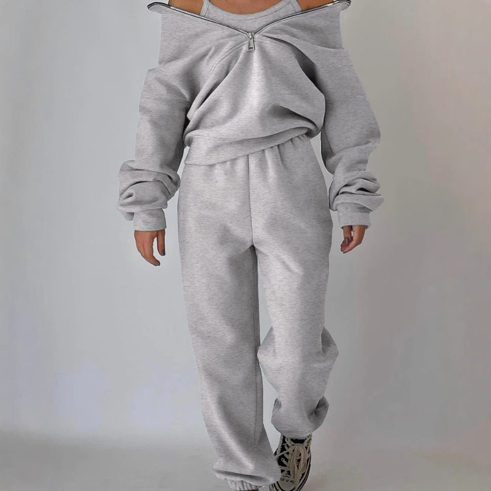 Damen Oversized Halbzip-Sweatshirt mit Stehkragen und passender High-Waist-Jogginghose Chichicherry