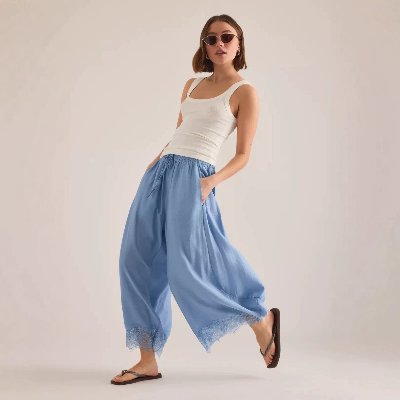 Women Wide Palazzo Pants with Elastic Drawstring Waistband and Lace Trim Chichicherry