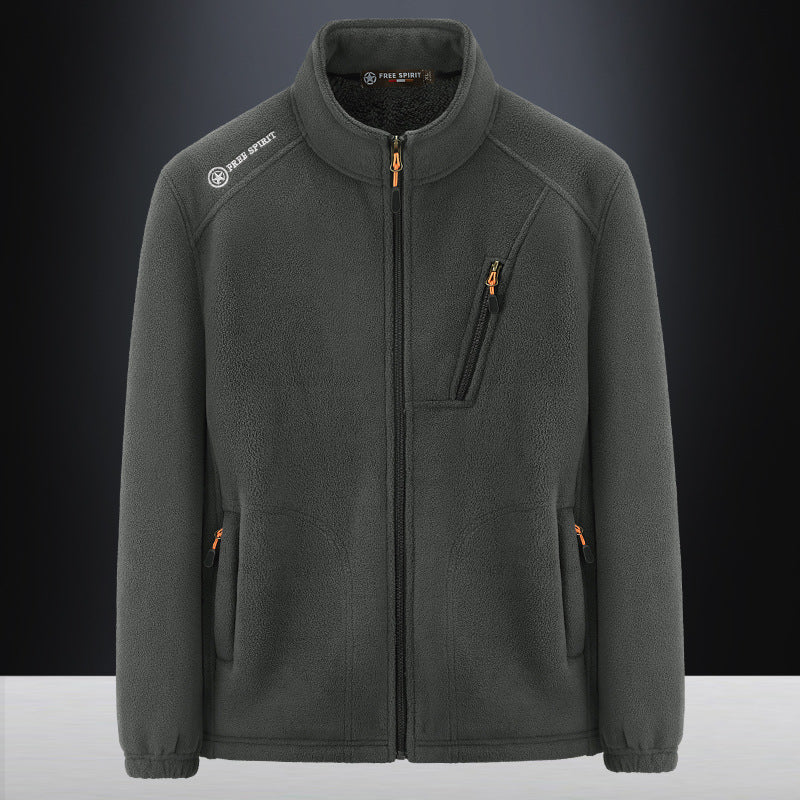 Men's Warm Microfleece Outdoor Jacket with Chest Zipper, Side Pockets and Stand-Up Collar Chichicherry