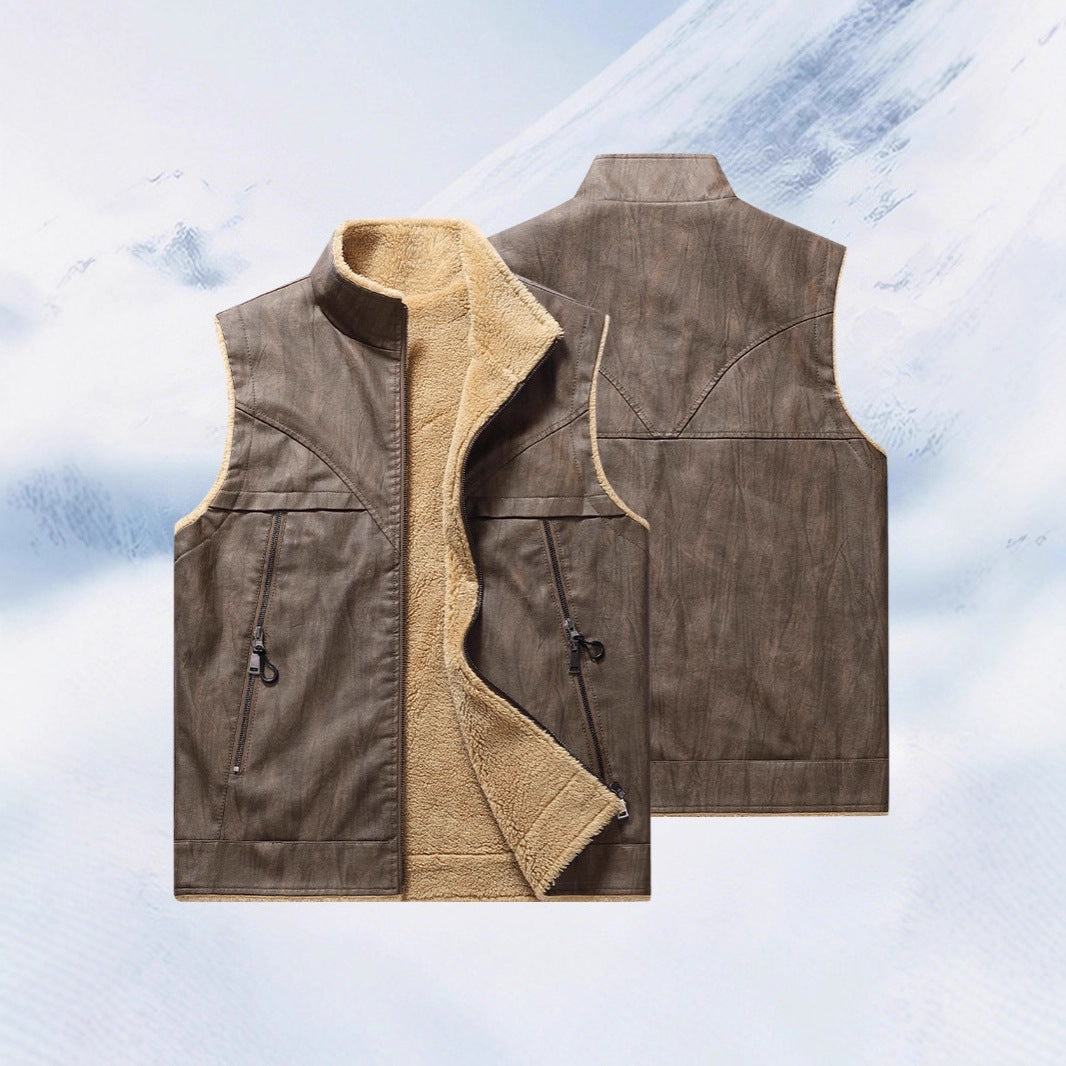 Men's Sleeveless Faux Leather Teddy Vest with Stand Collar and Zipper Pockets Chichicherry