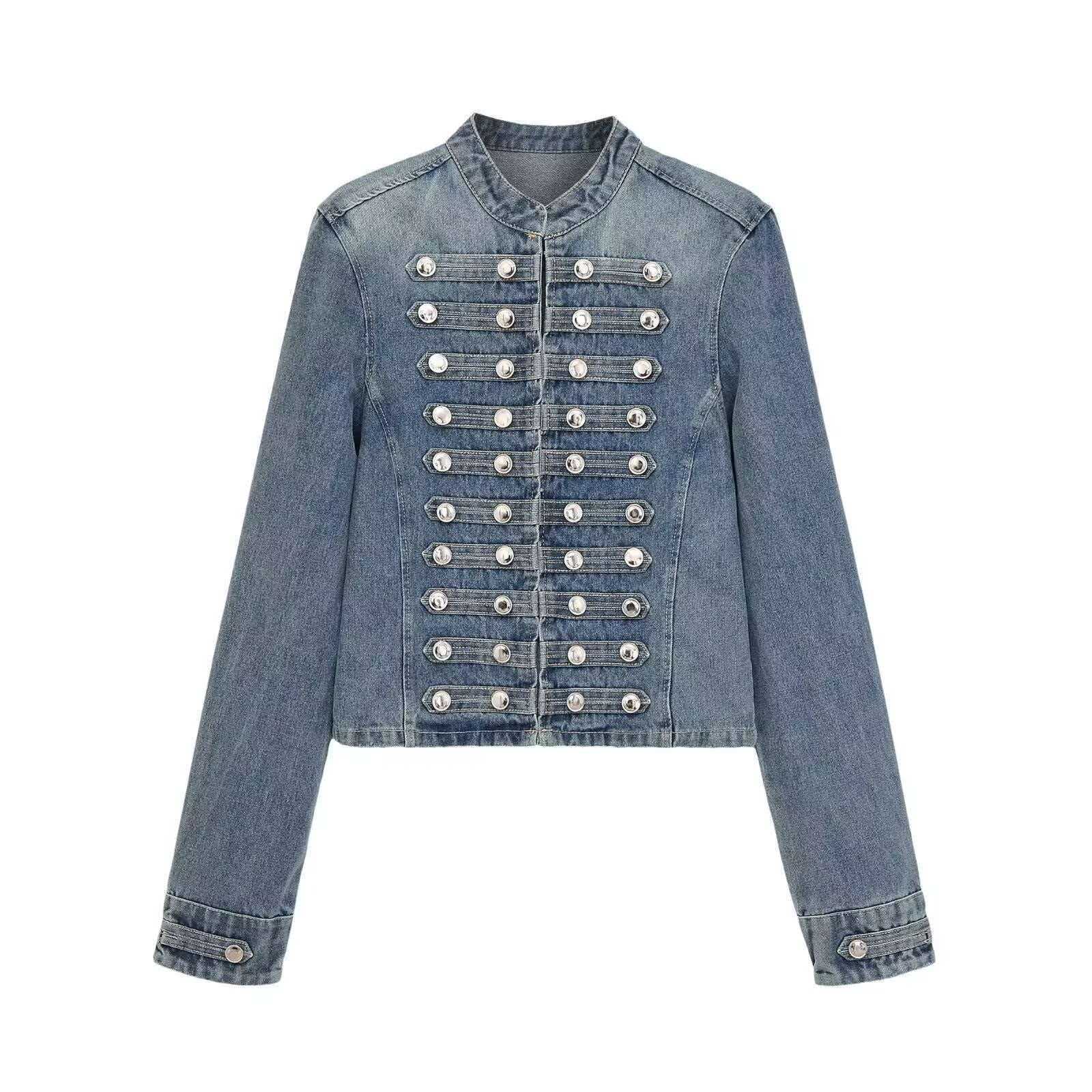 Women’s denim jacket in military style with row buttons and stand-up collar Chichicherry