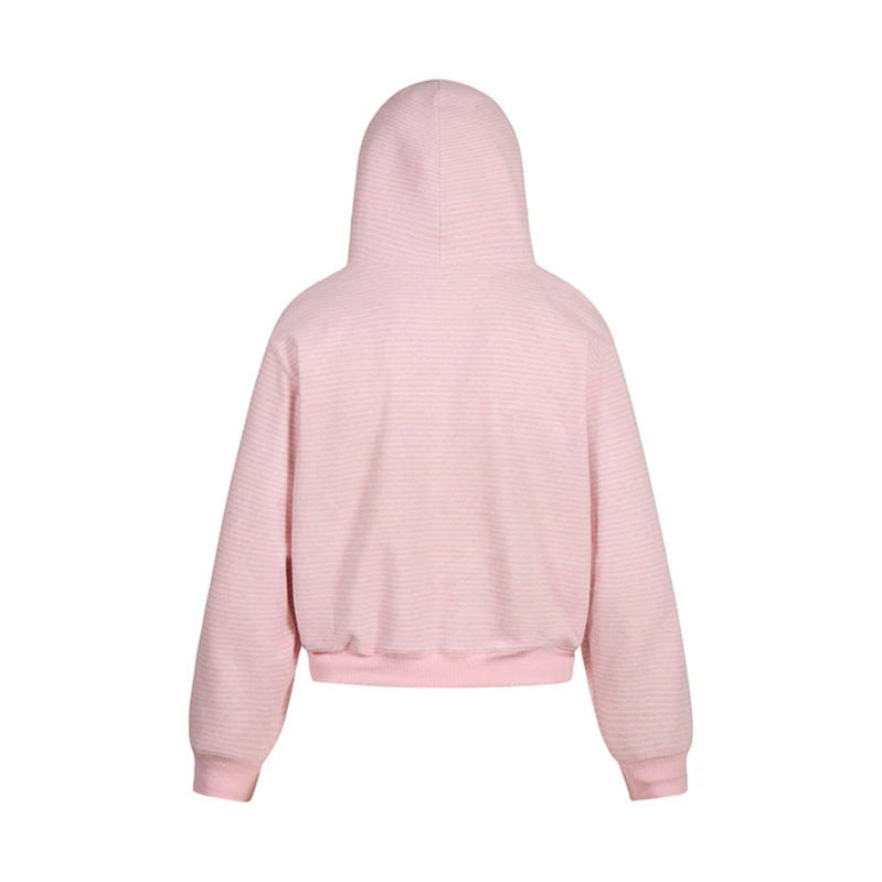 Women's short-cut hooded sweatshirt jacket with short hem, stripe texture, and zipper