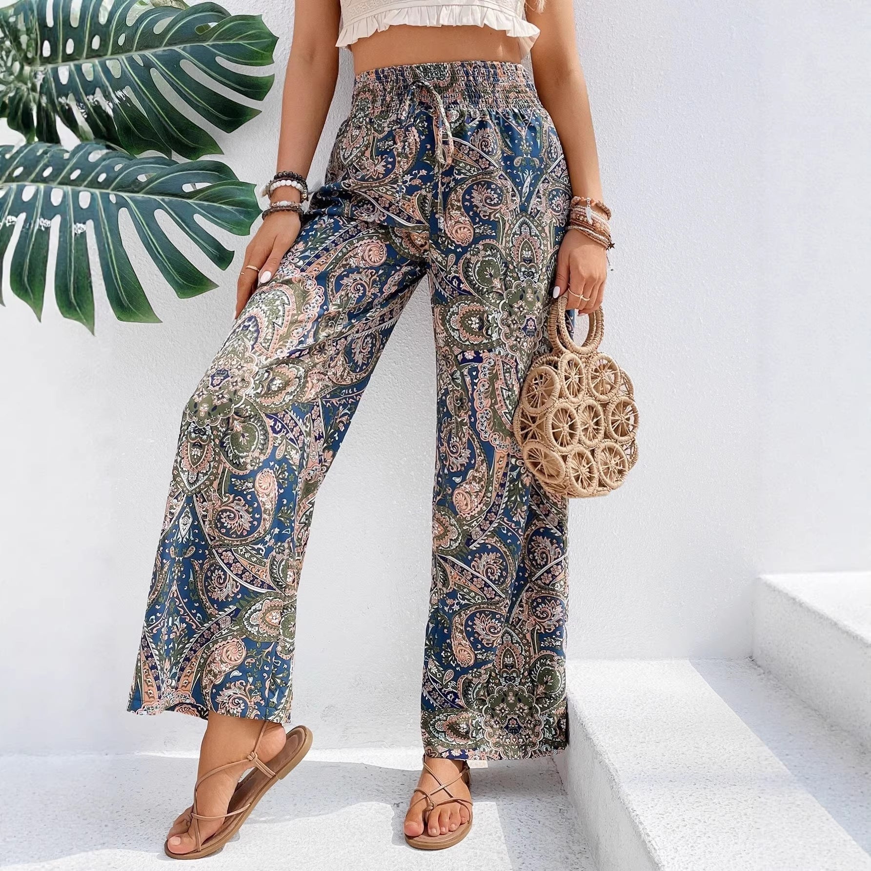 Ladies wide summer trousers in linen look with elastic waistband and paisley print Chichicherry