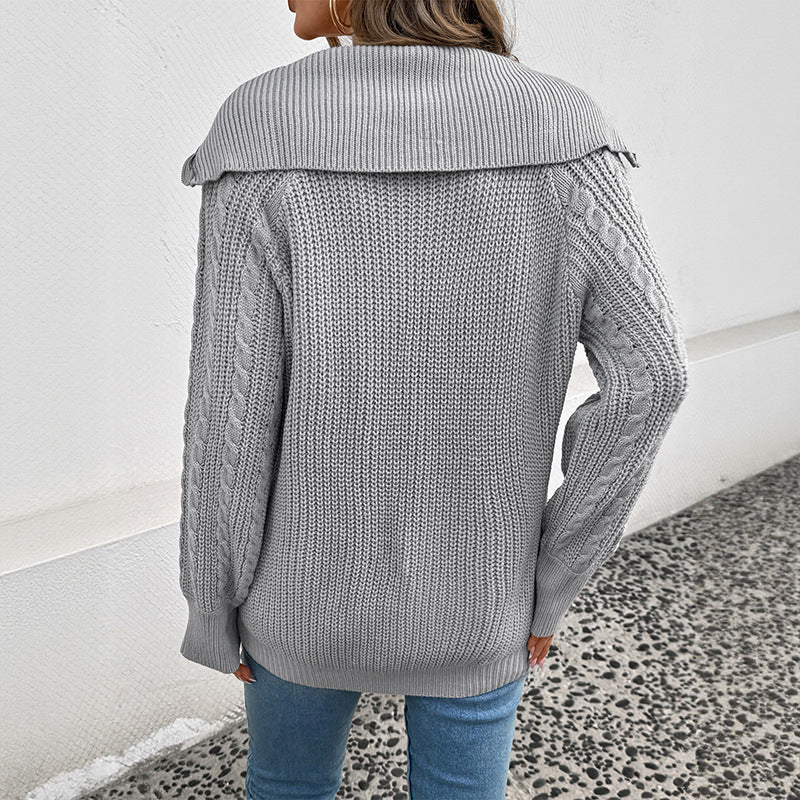 Women's knitted half-zip pullover with hood, cable structure & ribbed cuffs Chichicherry