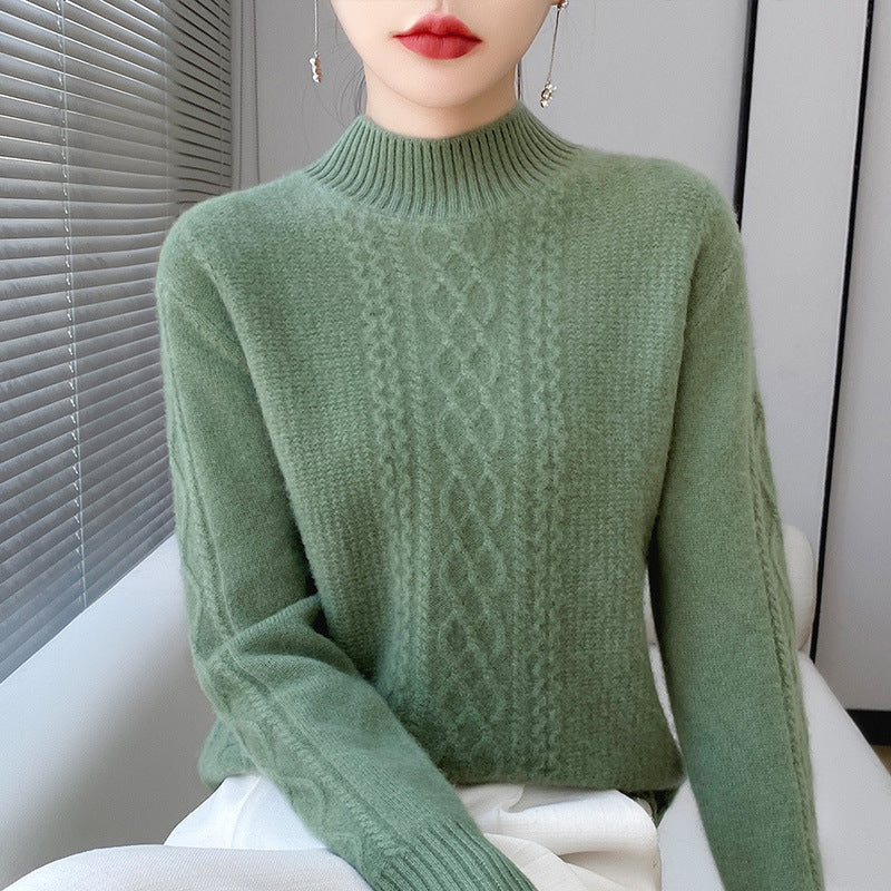 Women's Soft Cable Knit Mock Neck Sweater with Light Mohair Effect Chichicherry