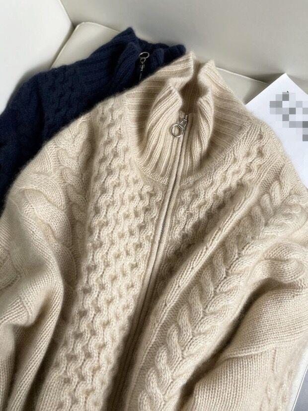 Women's Oversized Cable Knit Mock Neck Sweater in Cozy Mohair Look Chichicherry
