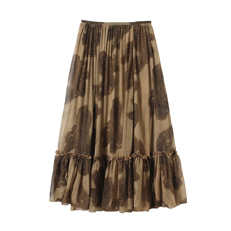 Women's maxi skirt made of chiffon with pleats, elastic waistband, and ruffled hem Chichicherry