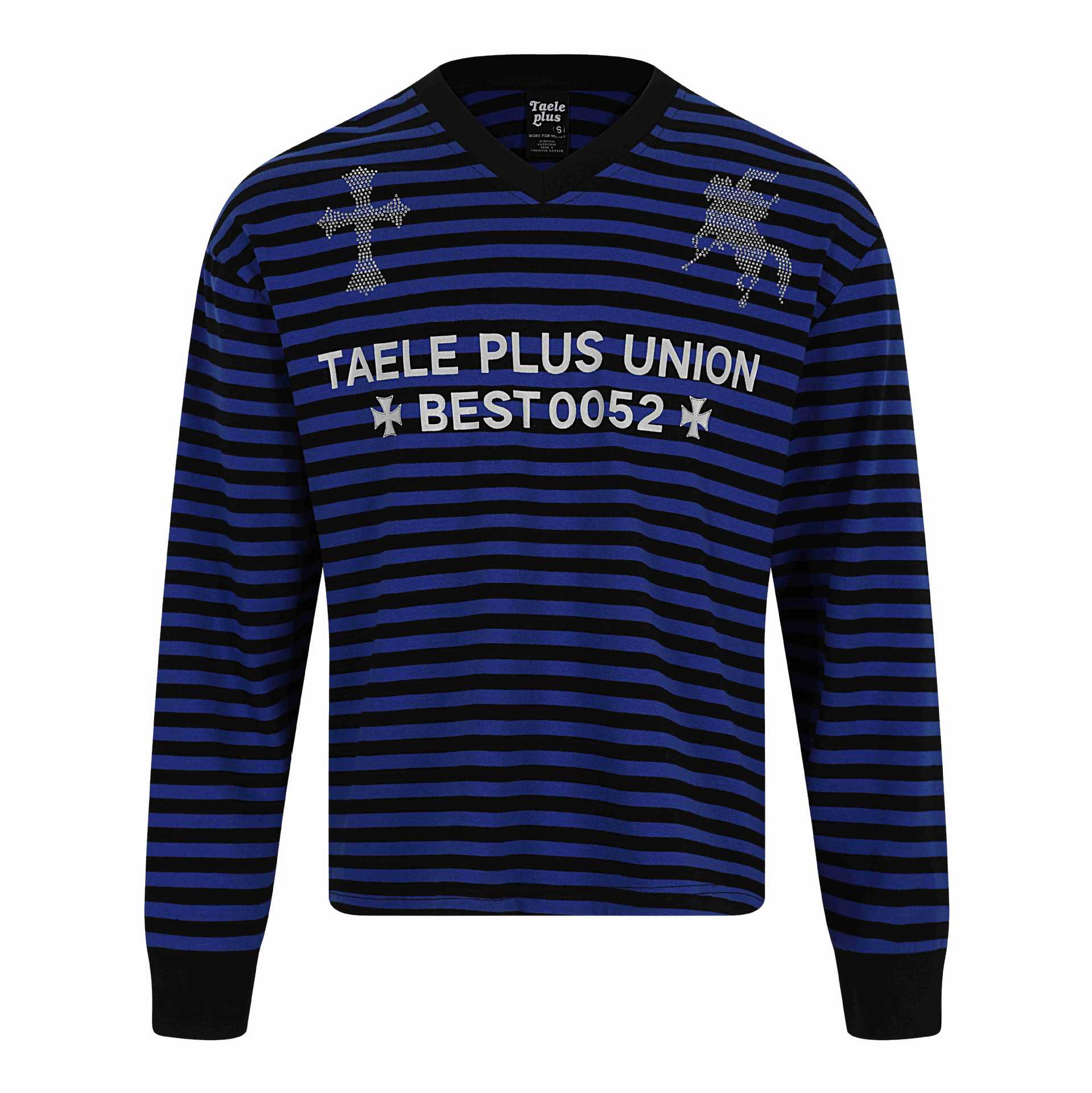 Unisex Striped Long Sleeve Sweater with V-Neck and Rhinestone Applications Chichicherry