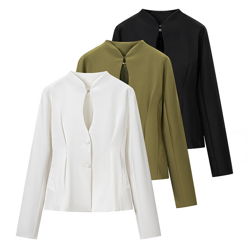 Women's Tailored Short Blazer without Lapels with Stand-Up Collar Look and Shaping Seams Chichicherry