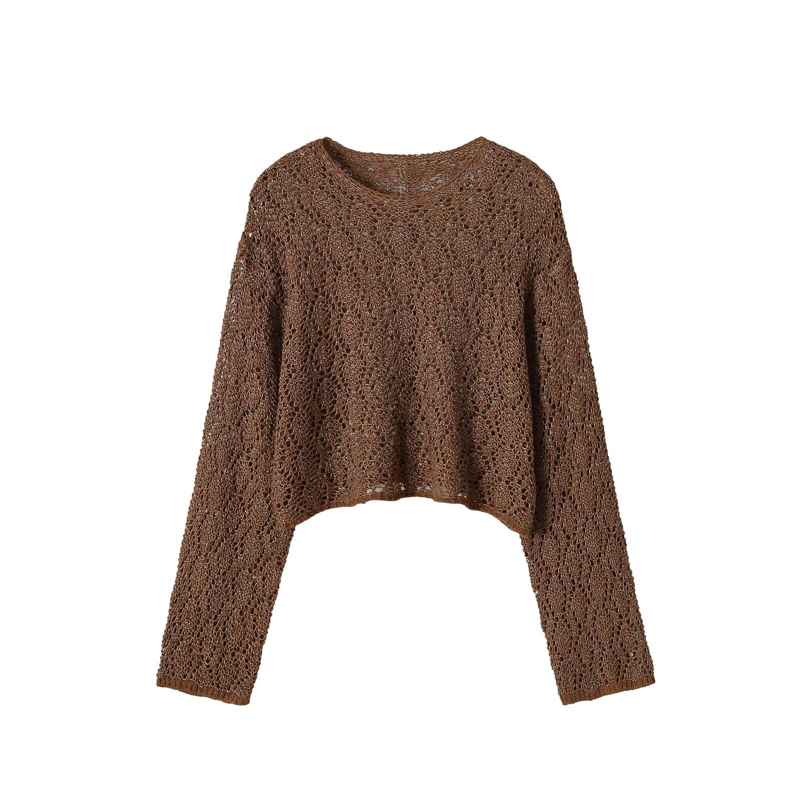 Women's Loose Crocheted Cropped Sweater with Wide Fit Chichicherry