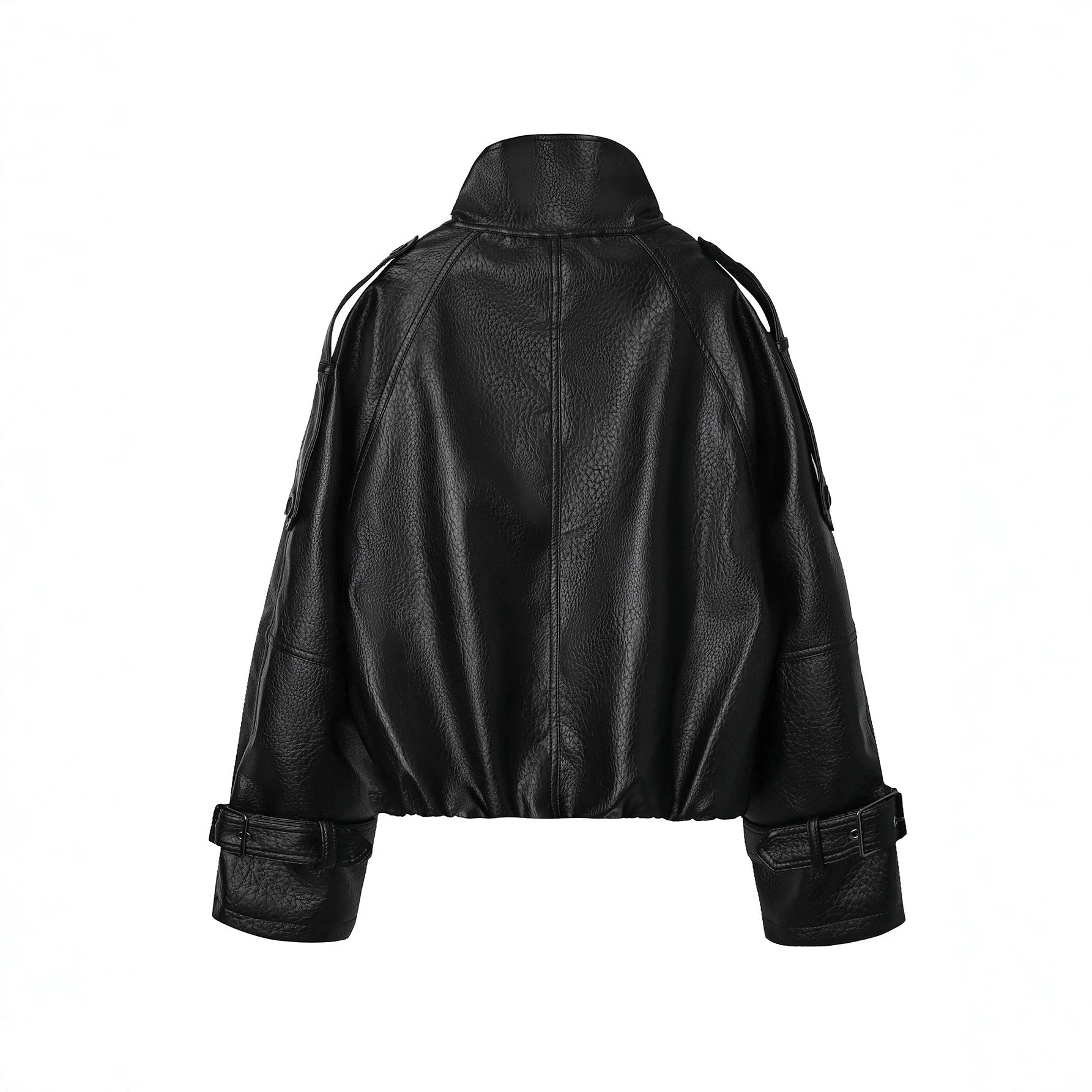 Men's short cut double-breasted leather jacket with high standing collar Chichicherry