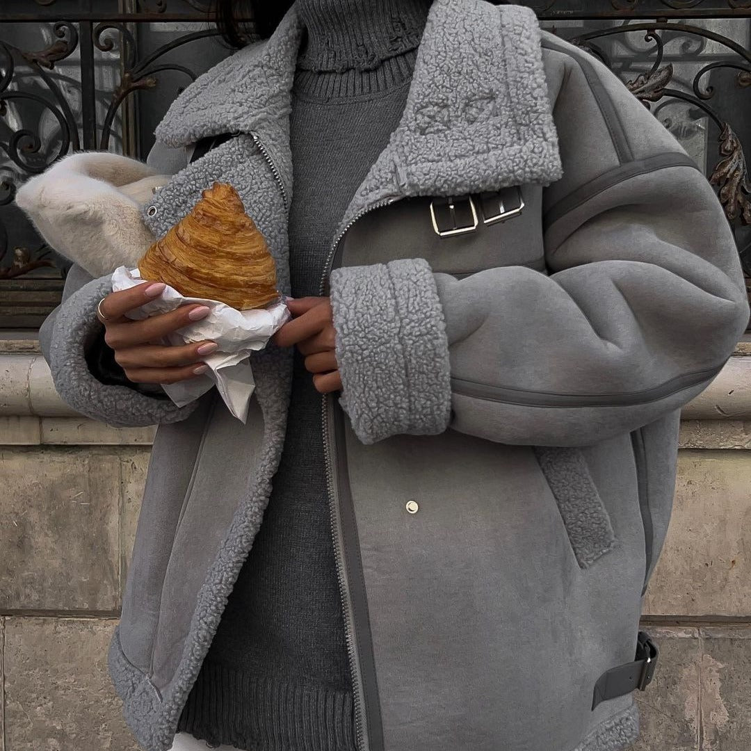 Damen Weit geschnittene Lammfellimitat-Fliegerjacke mit Kunstfellfutter Chichicherry