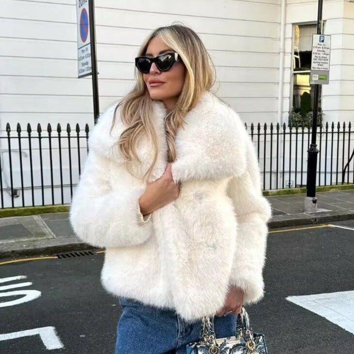 Ladies Short Boxy Faux Fur Jacket with Wide Shawl Collar and Long Fiber Faux Fur Chichicherry