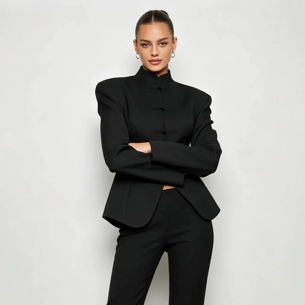 Women's Sculpted Blazer with Stand Collar, Decorative Knot Closures and Tailored Silhouette Chichicherry