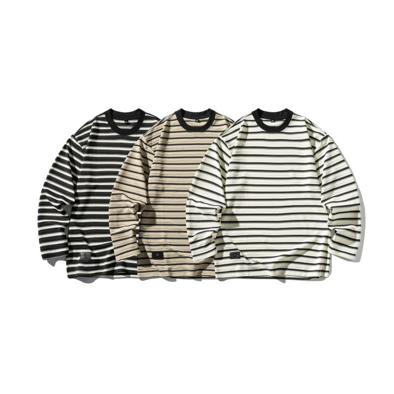 Unisex Striped Oversized Long Sleeve Shirt made of Cotton Blend with Ribbed Round Neck