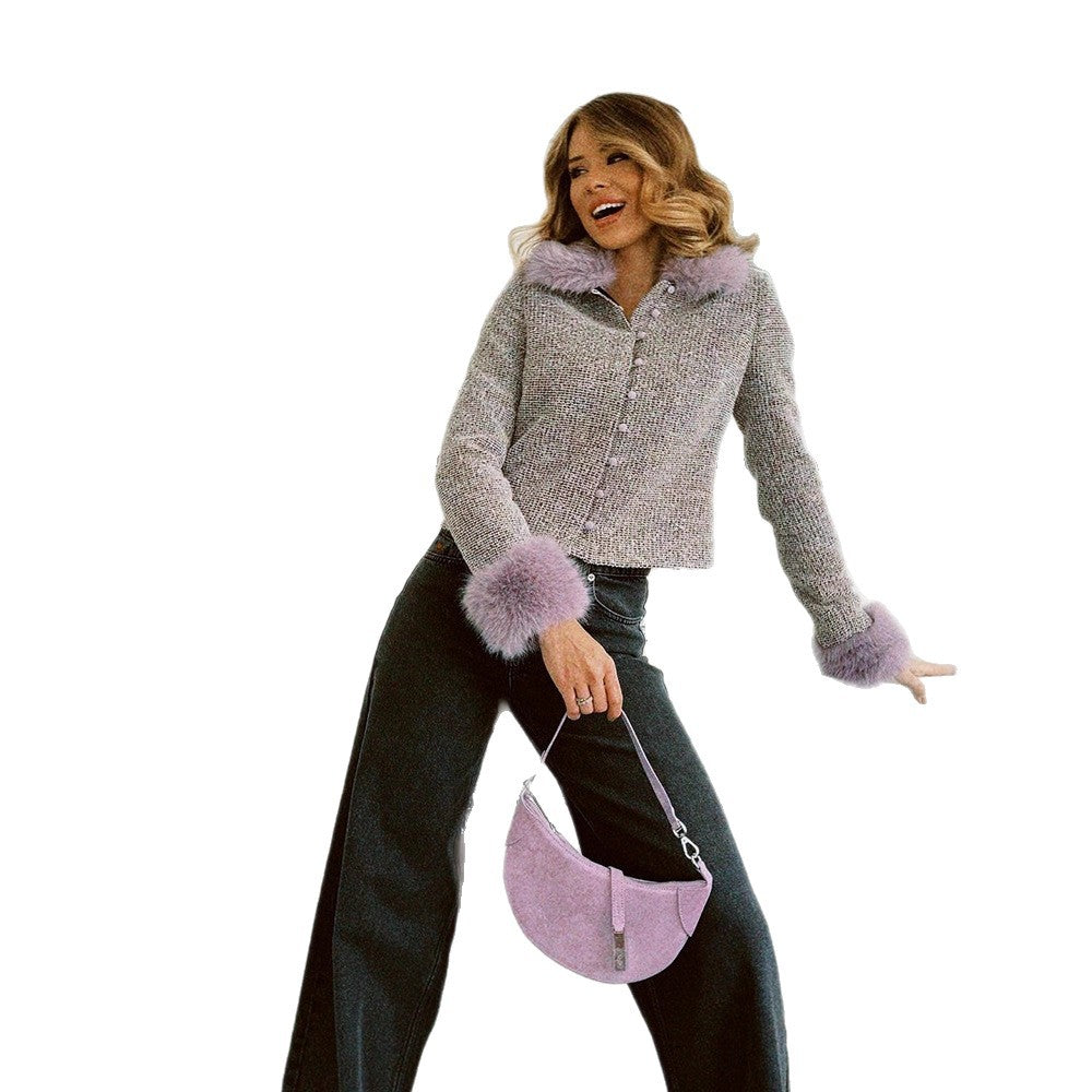 Women's Boucle Jacket with Removable Faux Fur Collar and Fur Cuffs Chichicherry