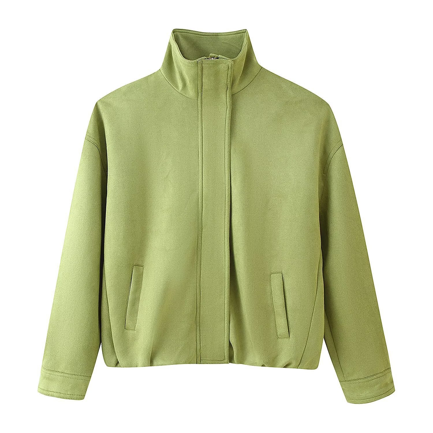 Women's Boxy Short Jacket with High Stand Collar and Concealed Zipper Chichicherry