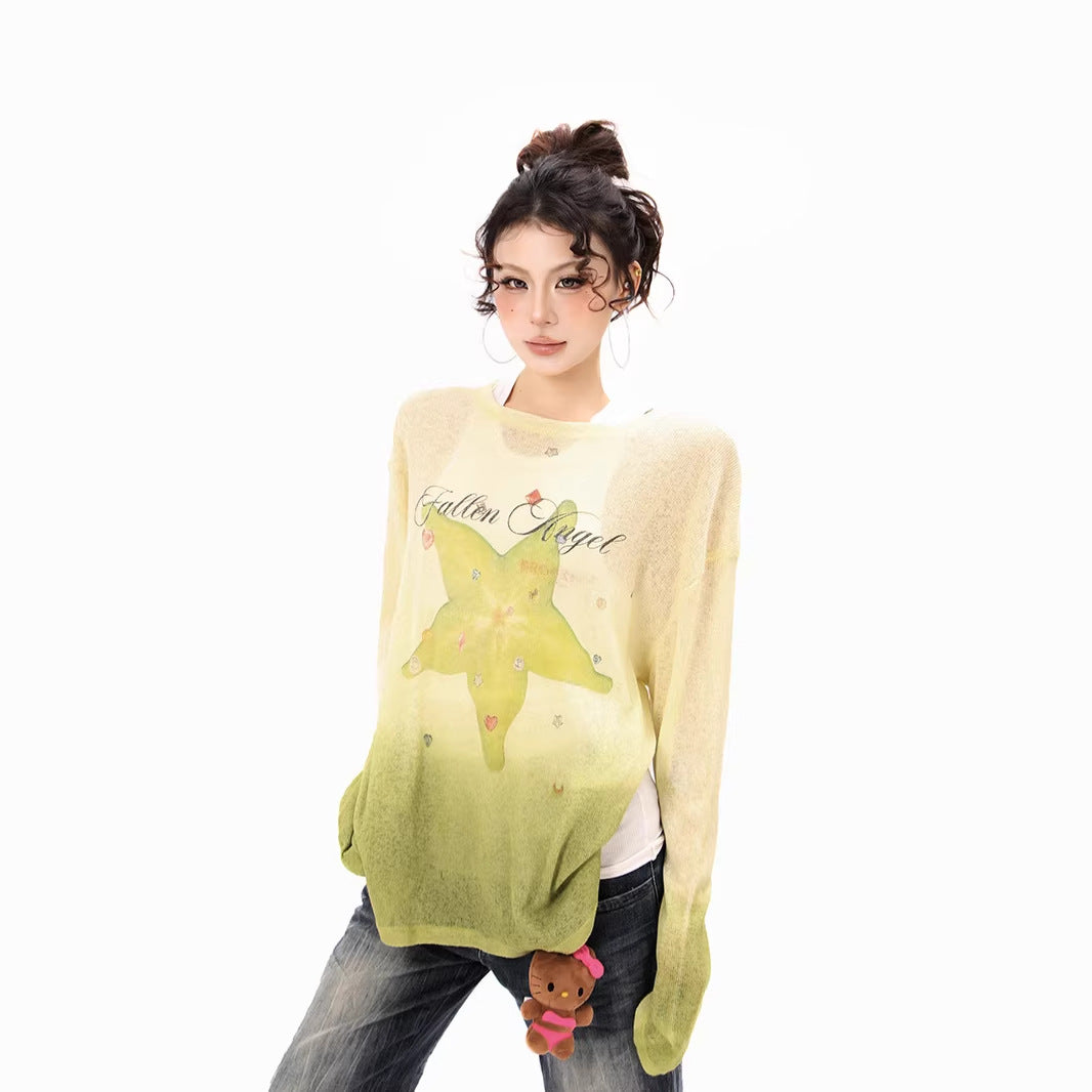 Women's long-sleeve shirt made of soft fine knit with dip-dye gradient and star flower print Chichicherry