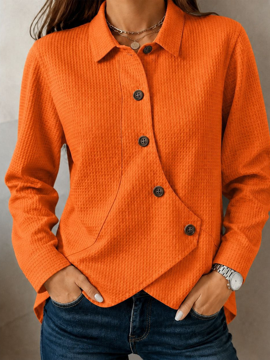 Women Asymmetrical Waffle Structure Shirt Blouse with Button Detail Chichicherry