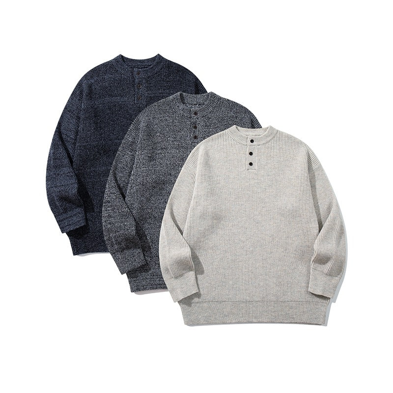 Men's chunky knit henley pullover with half button placket and ribbed cuffs Chichicherry