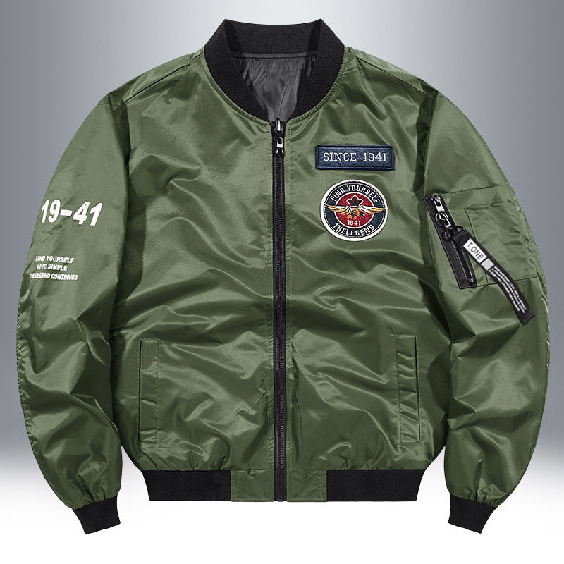 Men's Lightweight Nylon Bomber Jacket in Aviator Style with Patch Details and Arm Pocket Chichicherry