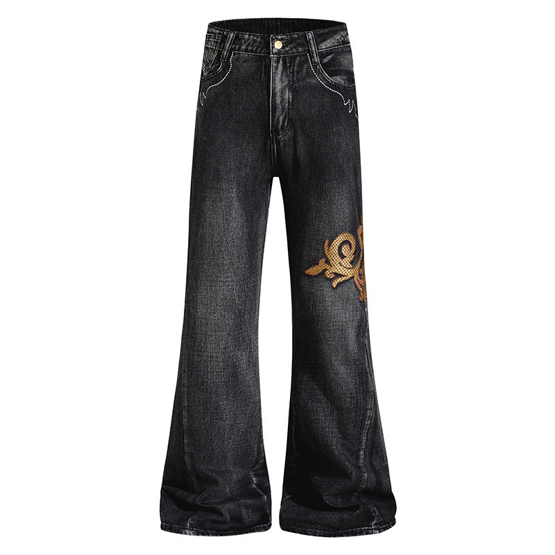 Women Wide High-Waist Flared Jeans with Baroque Embroidery Chichicherry
