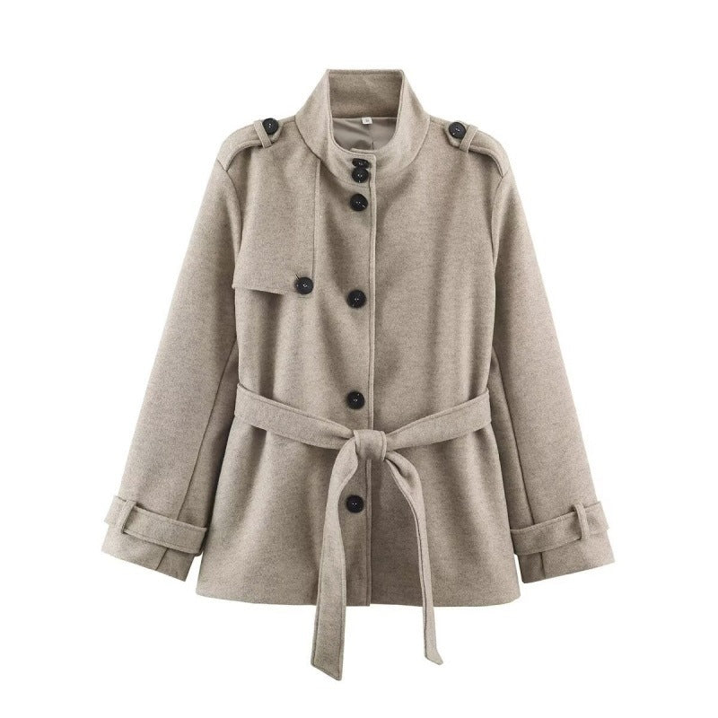 Women's short tailored coat jacket made of wool blend with standing collar, shoulder patches, and tie belt Chichicherry
