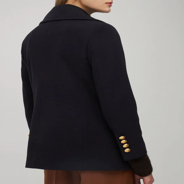 Women's Short Double-Breasted Wool Blend Peacoat with Golden Decorative Round Buttons and Tailored Silhouette Chichicherry