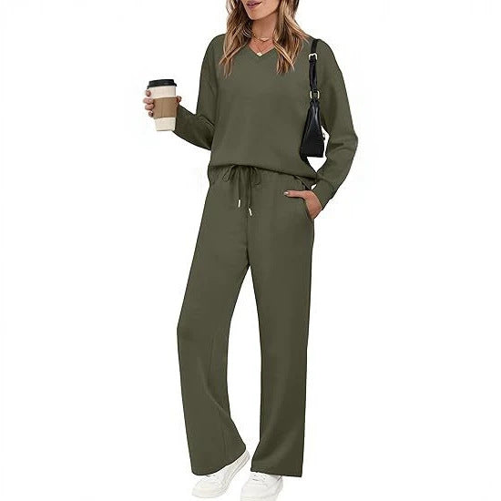 Women Casual Lounge Set with V-Neck Sweatshirt and Loose Drawstring Pants Chichicherry
