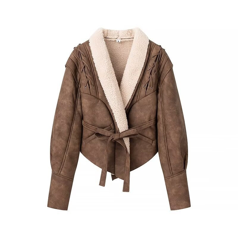 Ladies short jacket in aviator look with sherpa lining, tie belt and shoulder lacing Chichicherry