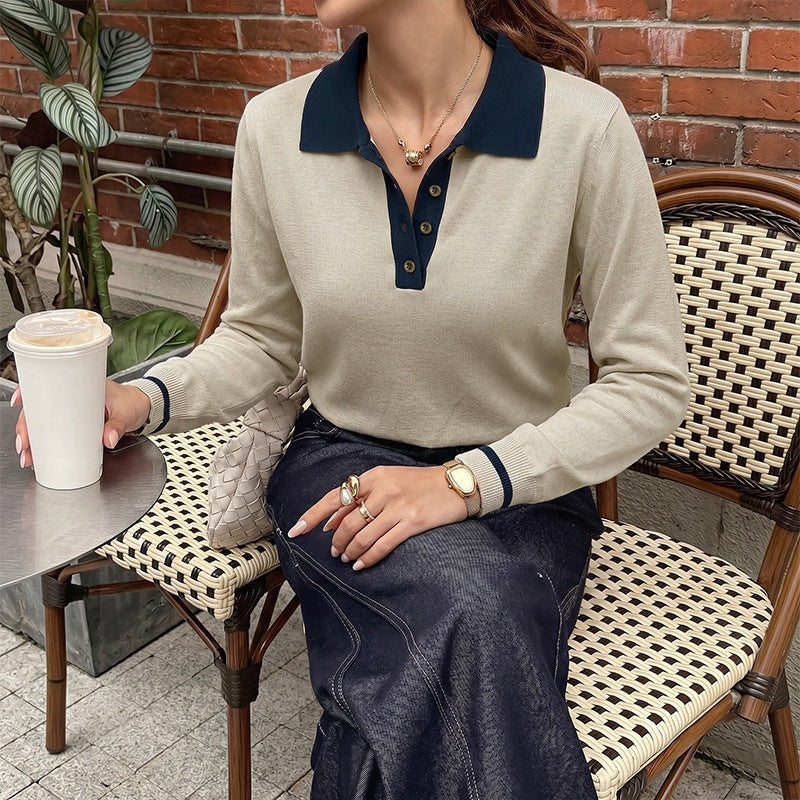 Women's Fine Polo Collar Knit Sweater with Button Placket, Contrast Collar and Striped Cuffs Chichicherry