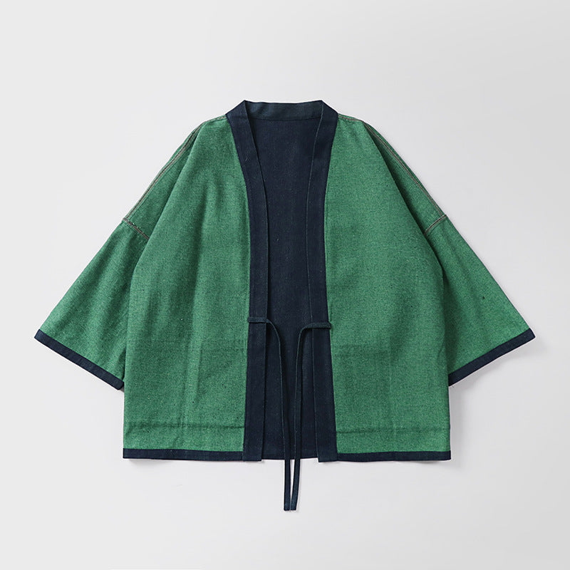 Unisex loose-fitting kimono jacket made of cotton denim with tie and large patch pockets Chichicherry