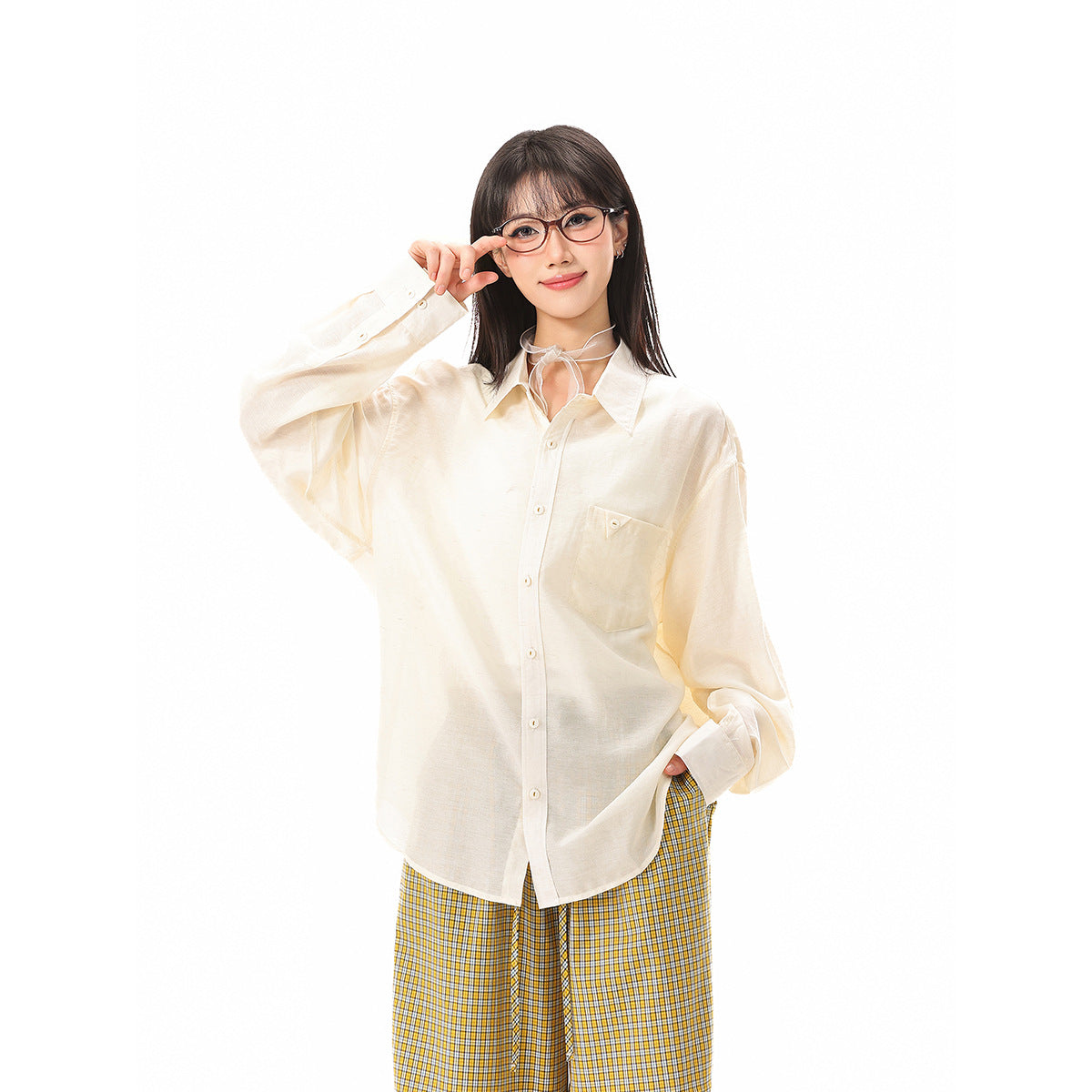Women's loosely cut oversized shirt blouse with breast pocket and textured cotton blend Chichicherry