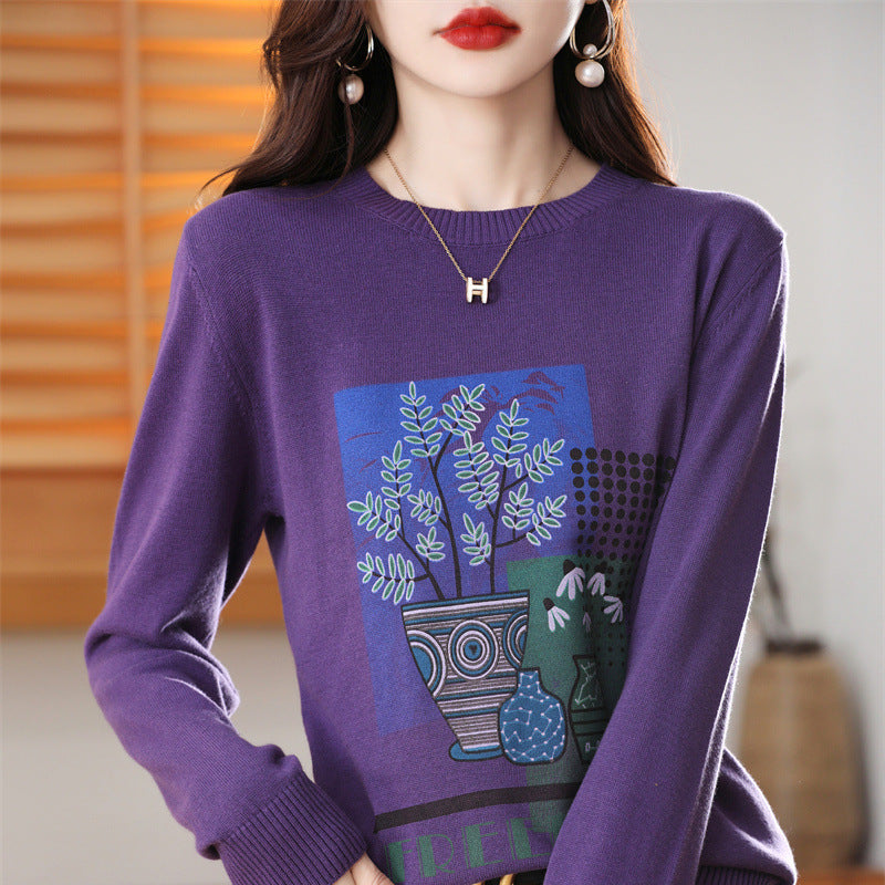 Ladies Lightweight Round Neck Sweater with Graphic Plant Print and Fine Knit Chichicherry