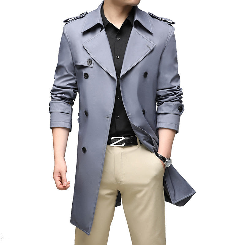 Men's Long Slim-Fit Double-Breasted Trench Coat with Epaulettes and Waist Belt Chichicherry