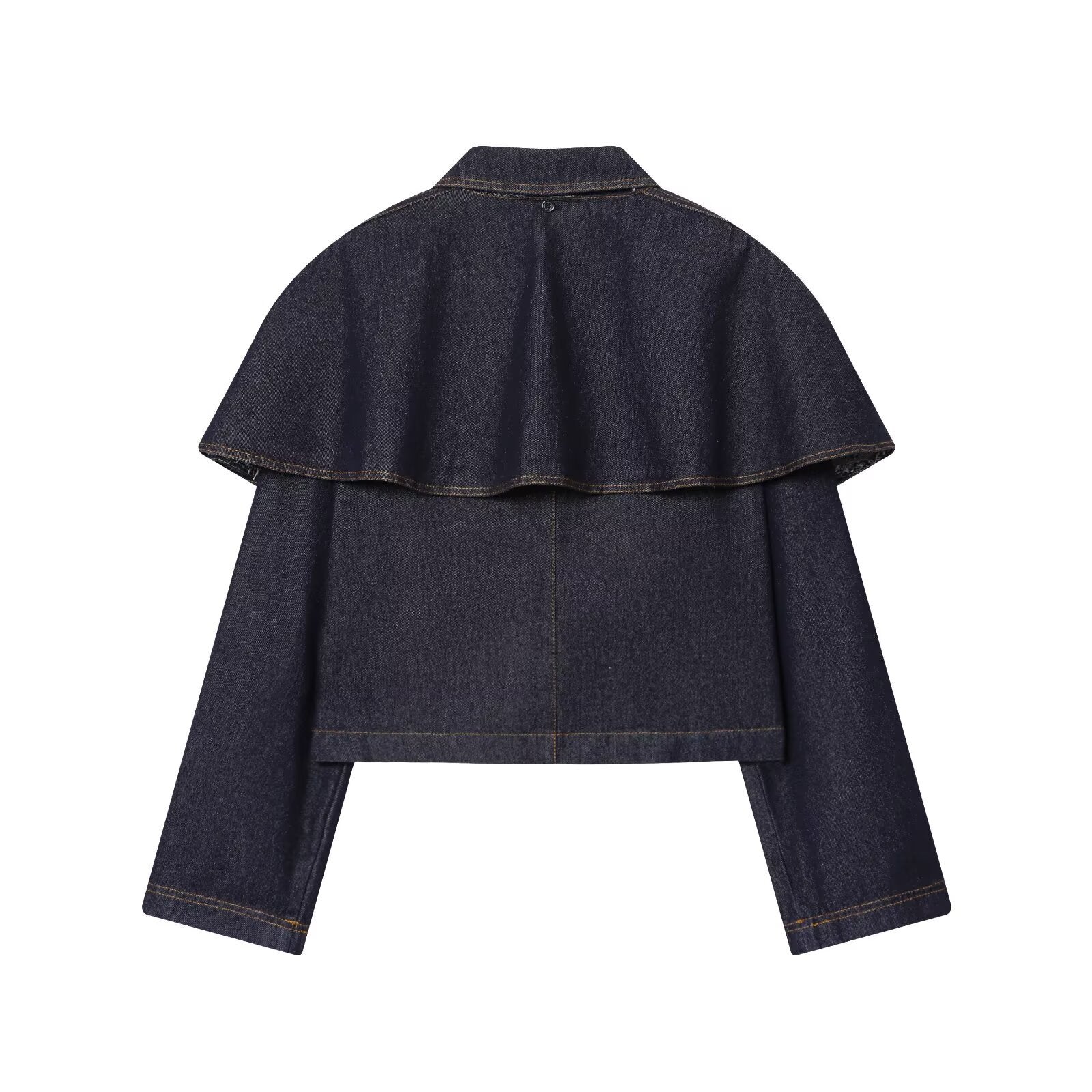 Women's Short Jeans Jacket with Cape Insert, Flap Pockets and Snap Buttons Chichicherry