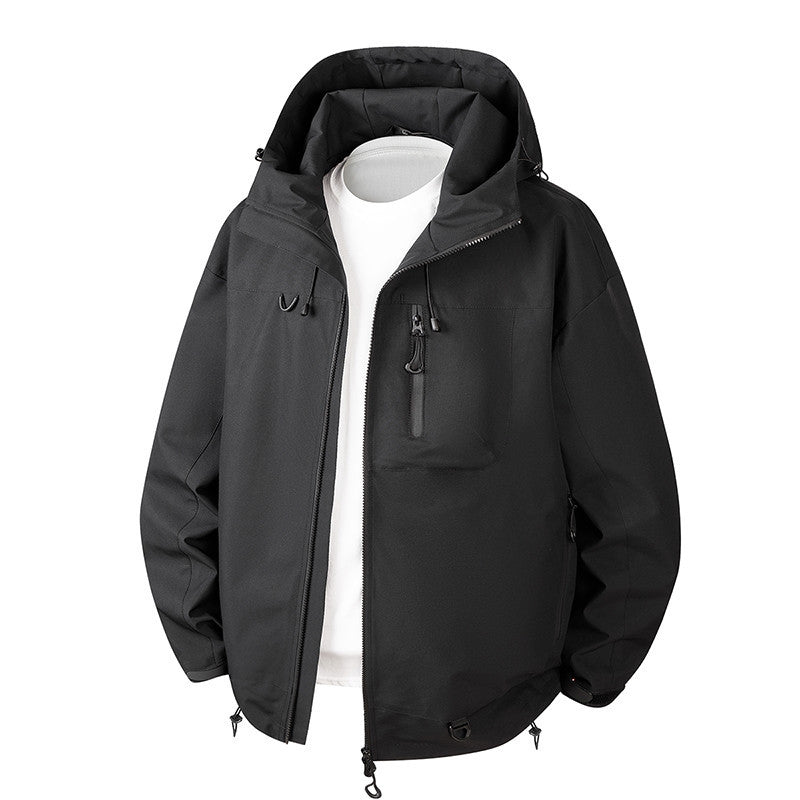 Men's Urban Protection Softshell Jacket with Adjustable Hood, Contrast Zippers, and Chest Pocket Chichicherry