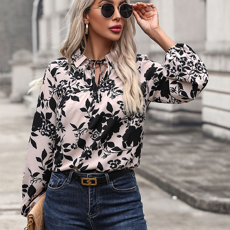 Women's Flowing Viscose Blouse with Floral Print, Ties Collar and Gathered Yoke