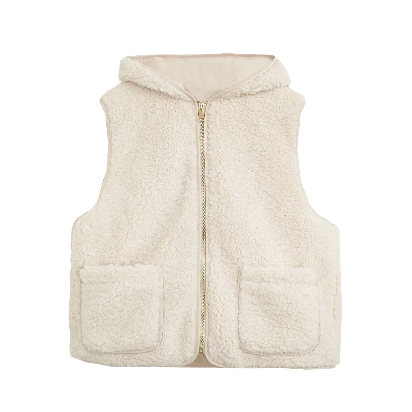 Women Padded Sherpa Vest with Hood, Zipper and Patch Pockets Chichicherry