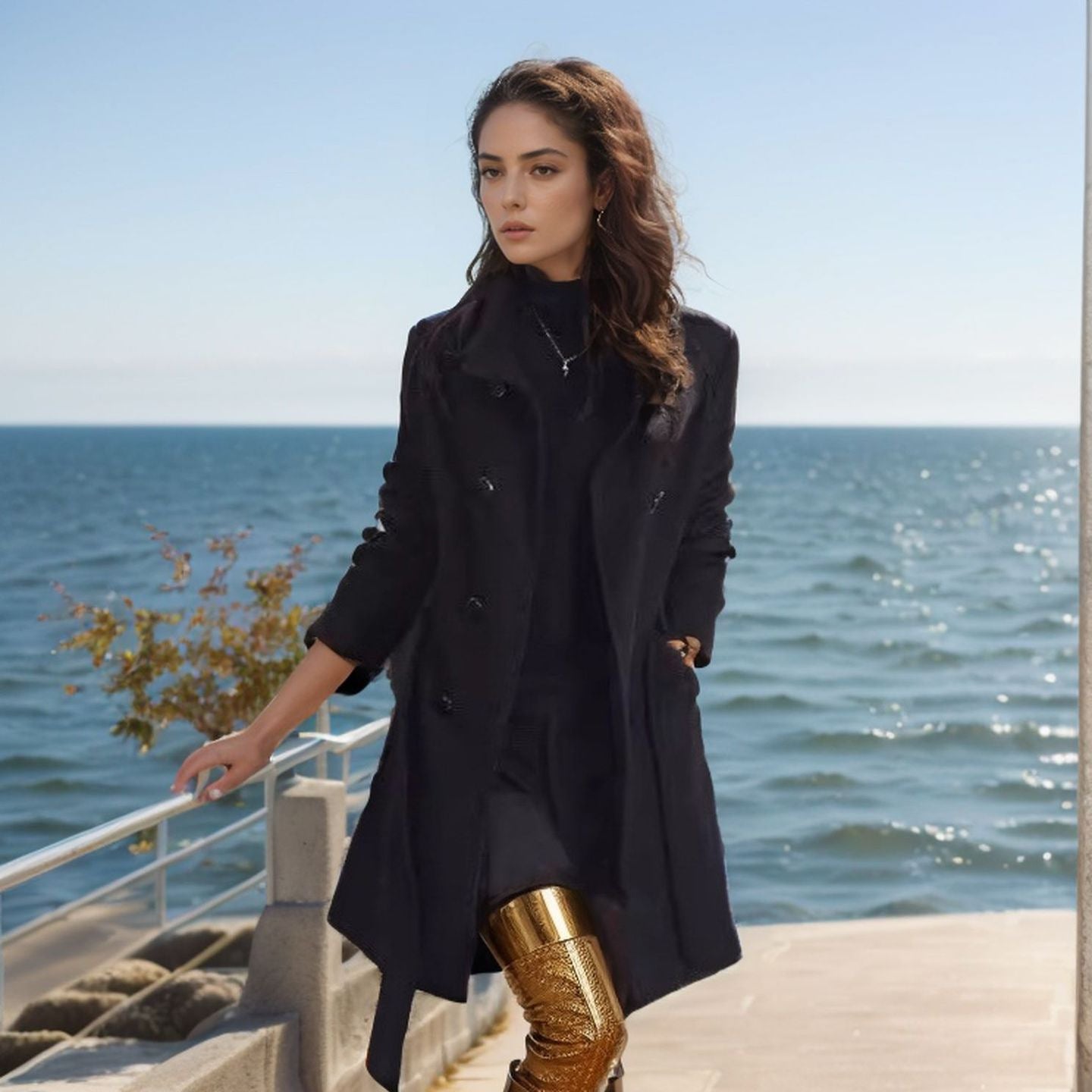 Women long coat with frayed edges, tailored silhouette and double-breasted Chichicherry