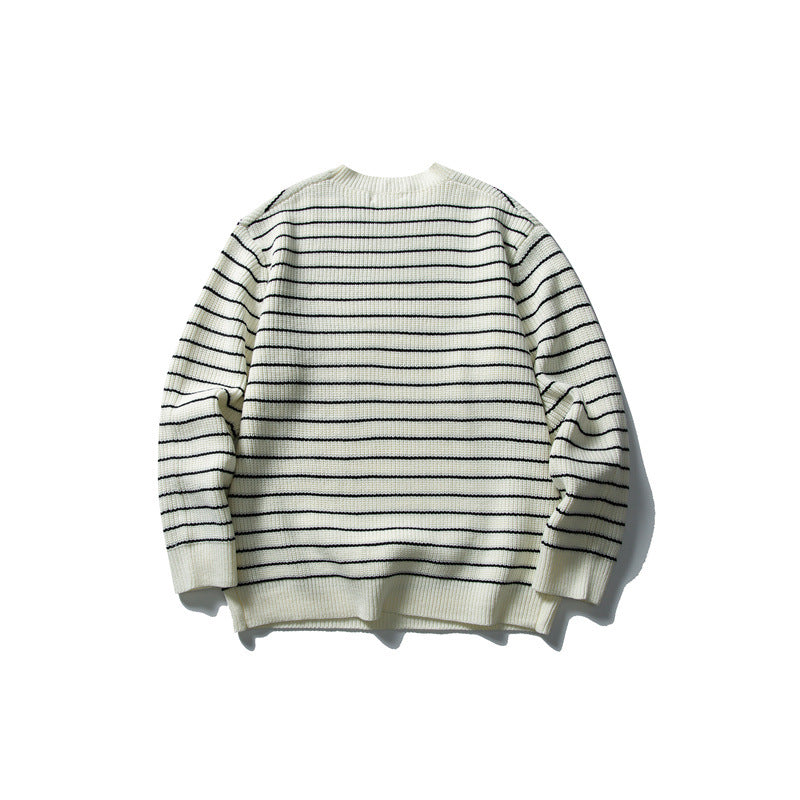 Unisex wide rib knit sweater with maritime stripe pattern and straight hem Chichicherry