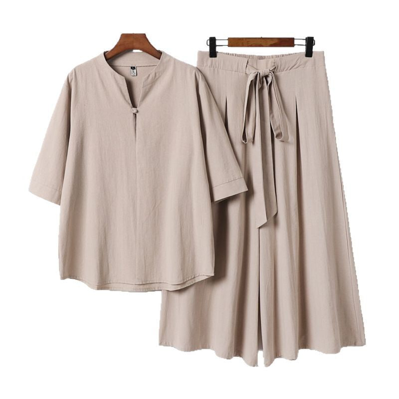 Women's Casual Linen-Viscose Lounge Set with Stand Collar Top and Wide Palazzo Pants Chichicherry